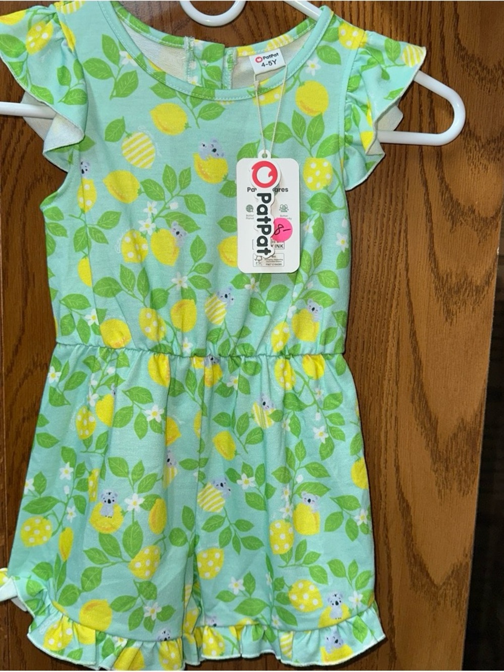4-5 PatPat Girls' Mint Green Lemon/Koala Print Romper